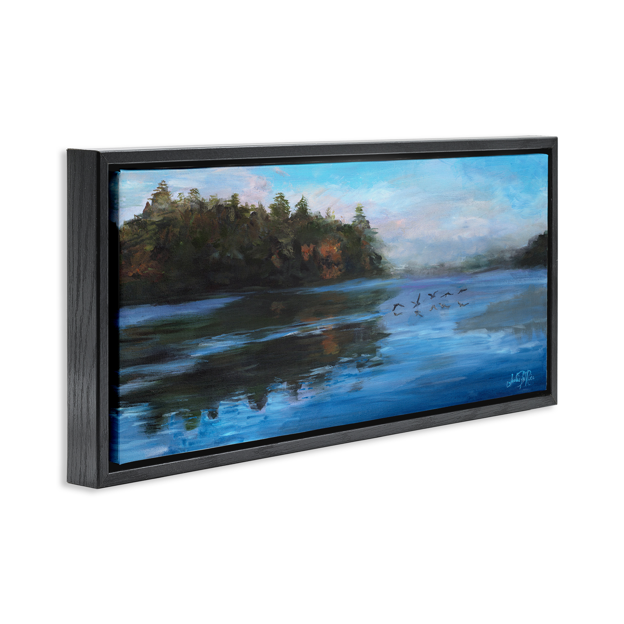 Stupell Industries Birds Along River Landscape Painting Black Floater Framed Art Print Wall Art, 25 x 11