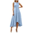 thumbnail image 5 of XUNKUSGA Summer Dress Fashion Boat Neck Sleeveless Ruffle Flowy Asymmetrical Hem Dresses for Women Solid Color Cotton Linen Midi Dress for Beach,Party,Cocktail,Blue,L, 5 of 9
