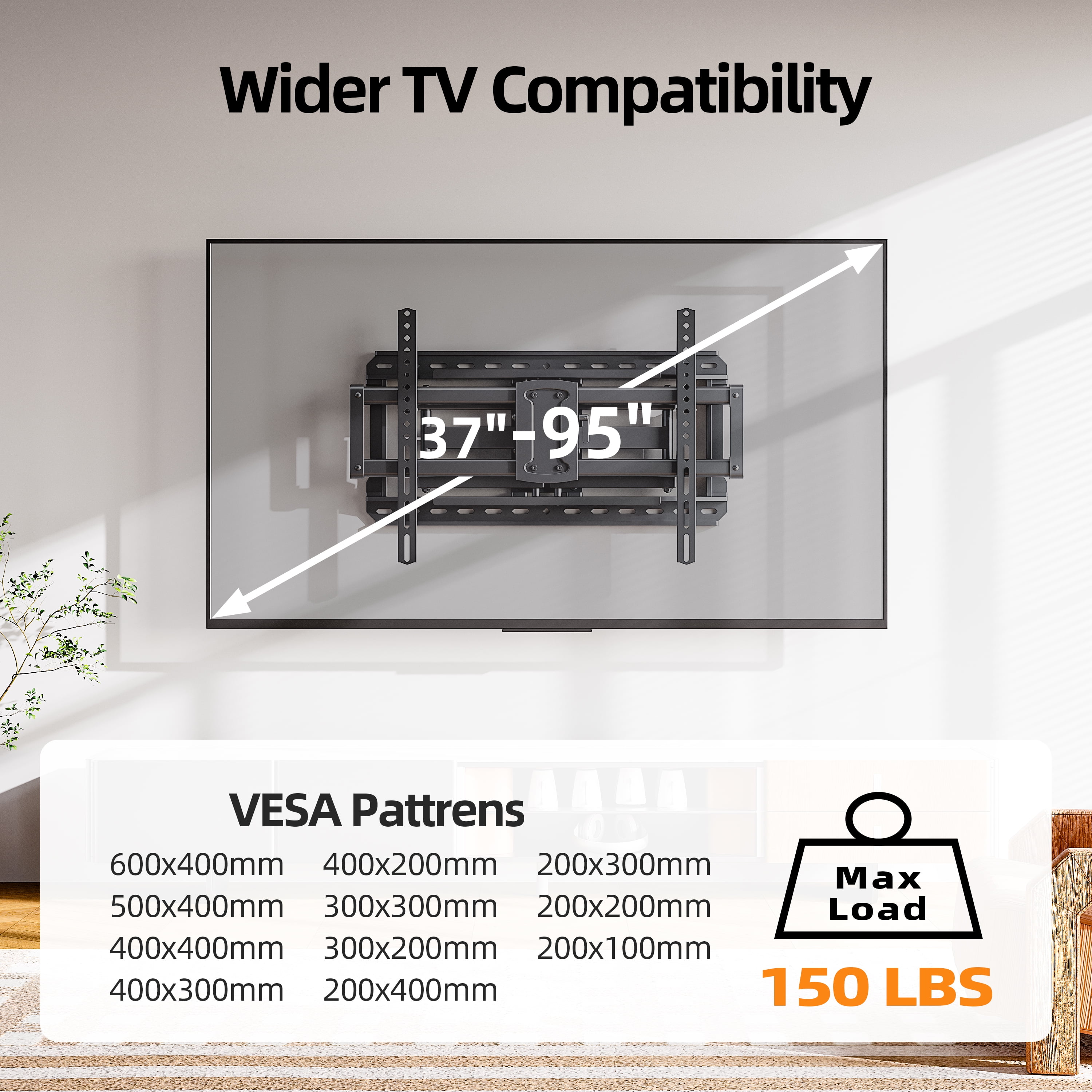 MountLiving Full Motion TV Wall Mount for 37-95" Screens, Pre-Assembled with Swivel & Tilt, Max VESA 600x400mm, 150 lbs Capacity, Fits 24" Wood Studs