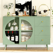 Homfa Coffee Bar Cabinet with 3 Drawers & Glass Door, Modern Buffet Sideboard Bar Table for Dining Room, Green