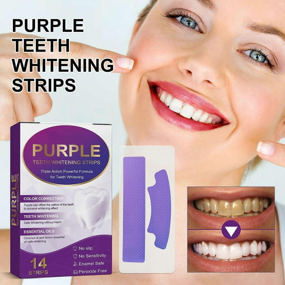 Teeth Whitening Strip Kit, Purple Color Correcting and Pap Double Formula Whitening Teeth, Peroxide Free,Sensitive Teeth Friendly--14 set