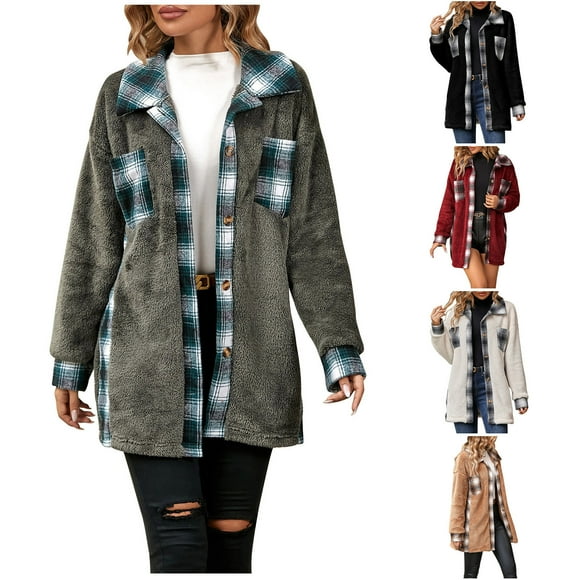 YOIAVAIOY Women's Fleece Plaid Shacket Color Block Button Down Shirt Jackets Fall Winter Sherpa Jacket with Pockets White M