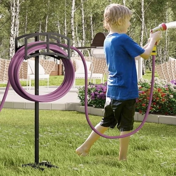 Heavy-Duty Metal Garden Hose Holder - Detachable & Freestanding Hose Stand with 4 Anchor Points, Black (Outdoor Use)$$Garden & Patio