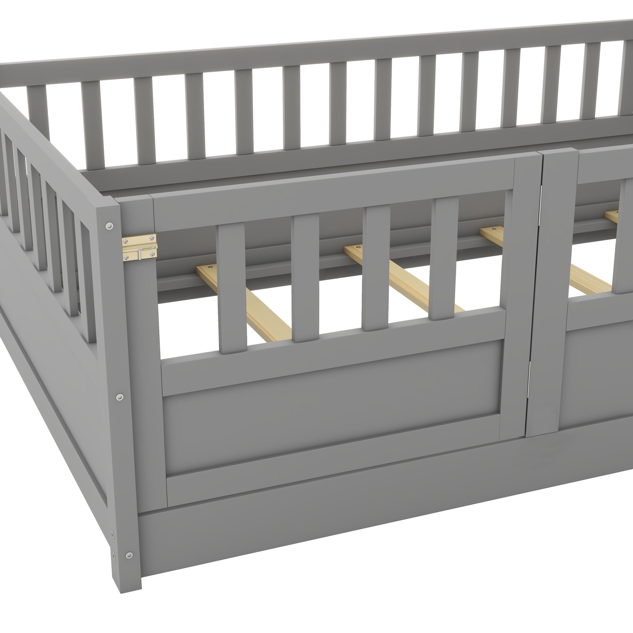 Noble House Twin Size Montessori Floor Bed with Guardrails and Door, Wood Kids Bed Frame, Gray