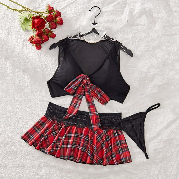 uublik Lingeries Sets for Women Valentine's Day 3 Pieces Bra and Panty Sets with Skirt Lace Nightgown Outfits Black XL