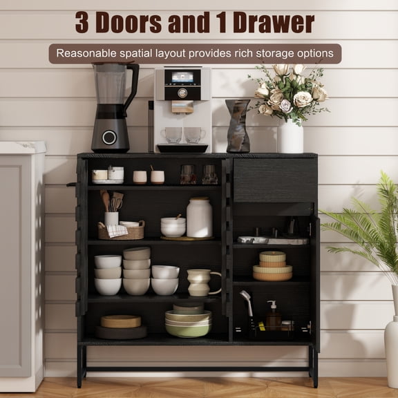 Gearwell Buffet Storage Cabinet, 44.49 in Black Sideboard Credenza with Arched Woven Doors, Drawer, Adjustable Shelves and Metal Legs for Kitchen, Dining Room or Entryway