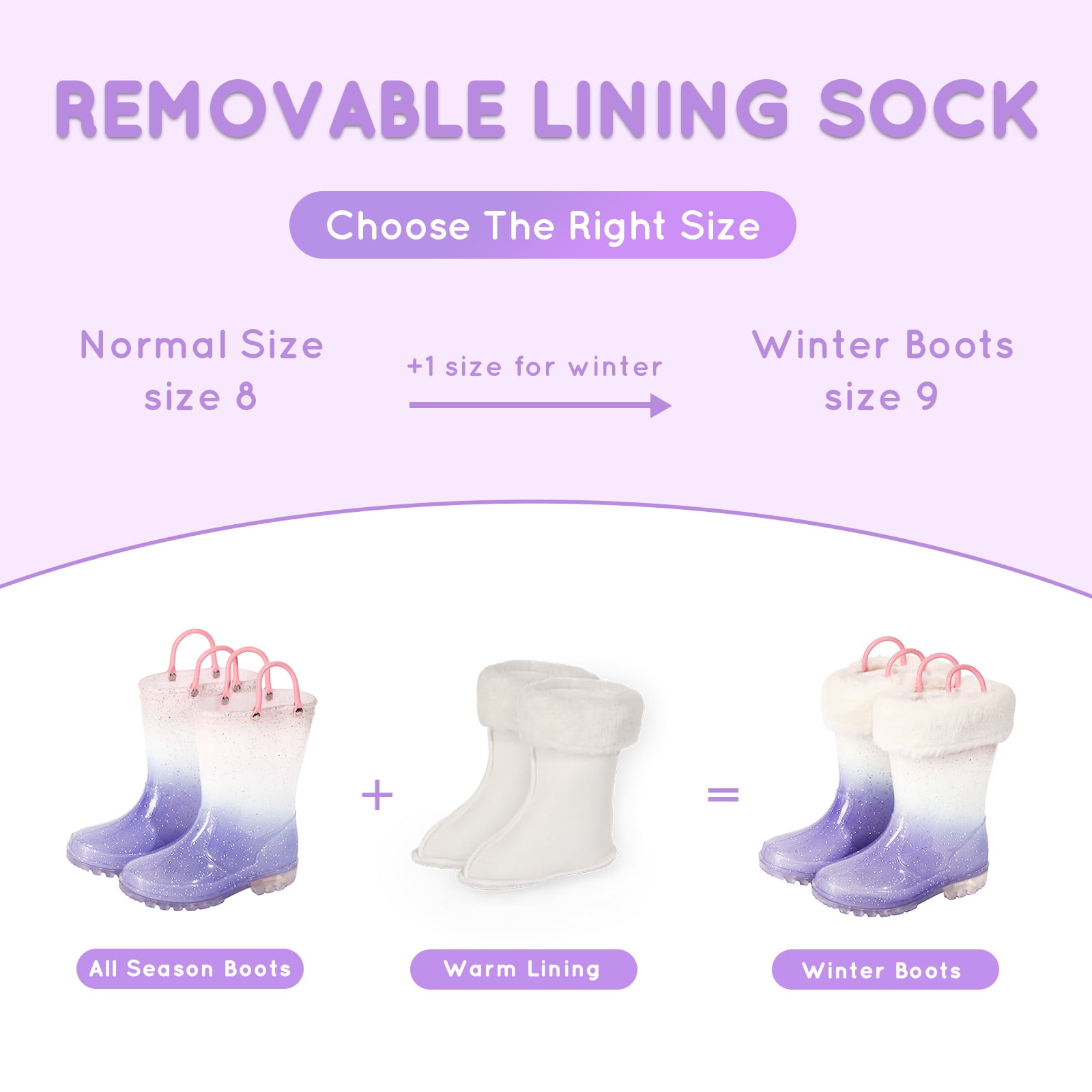 Kids Toddler Light up Rain Boots for Girls Winter Warm Glitter Boots with Removable Lining, Purple Gradient, Size 10