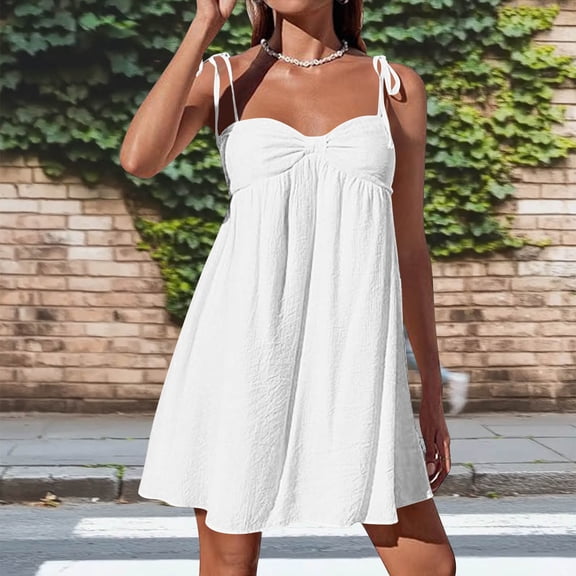 POTETI Dress for Women White Mini Dresses Color Elegant Sweet Lace Pleated High Waist Dress Sundress Juniors