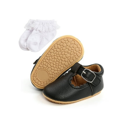

Lacyhop Toddler Boys Girls Crib Shoes Rubber Sole Loafers First Walker Walking Shoe Daily Cute Moccasin Lightweight Magic Tape Flats Black With Socks 6C