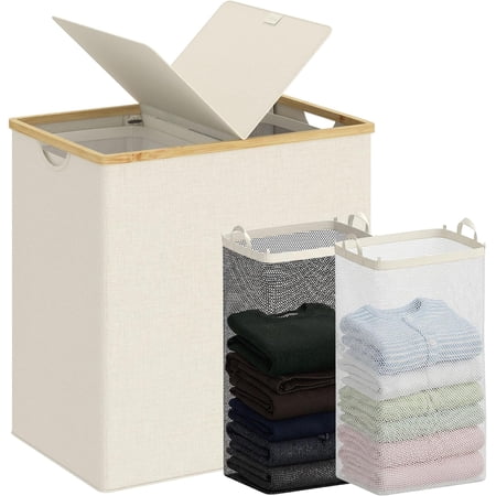 Laundry Hamper with Lid, Double Laundry Hamper with 2 Removable Bags, 2 Section Laundry Basket with Bamboo Handles for Bathroom, Bedroom & Laundry Room, 140L (36.9 Gallon) Beige