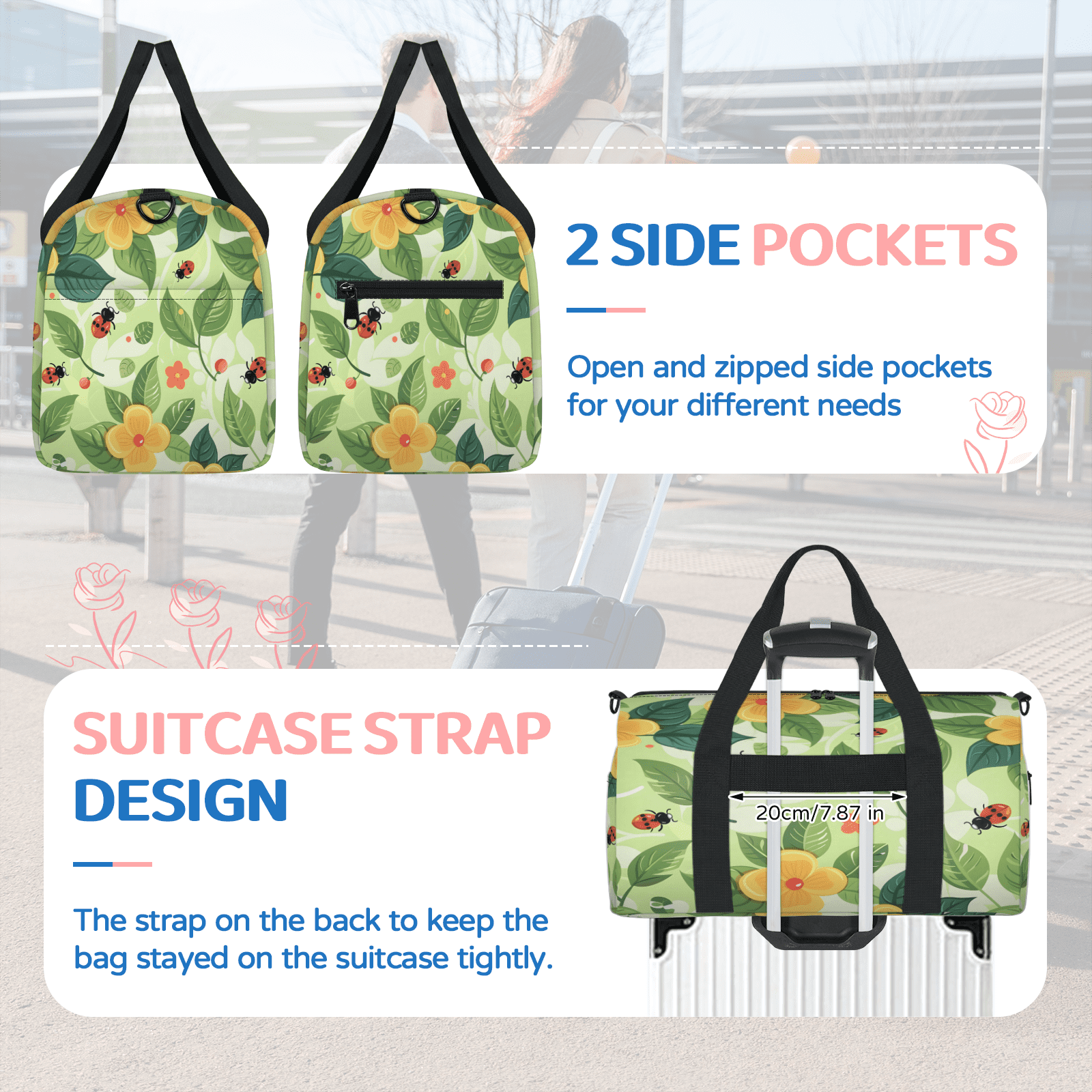 Herdesigns Ladybugs Gym Bag for Women, Duffle Bag for Travel Sport, Lightweight Waterproof Carry on Weekender Overnight Dance Yoga Workout Bags