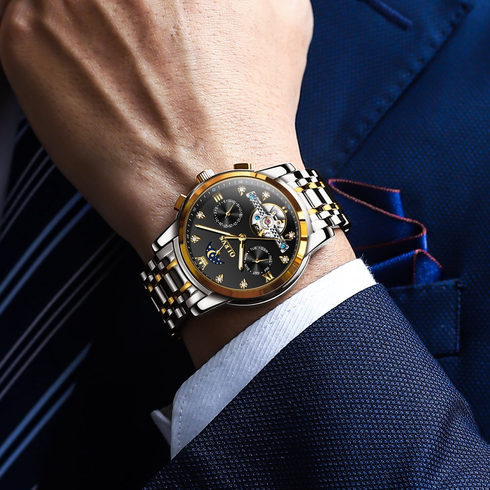 OLEVS Automatic Watches for Men Self Winding Mechanical Skeleton Flywheel Chronograph Luxury Dress Stainless Steel Diamond Moon Phase Waterproof Luminous Mens Wrist Watches Reloj Para Hombre