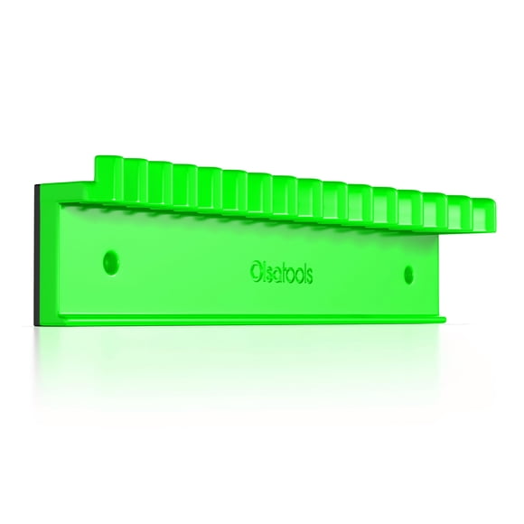 Olsa Tools Magnetic Wrench Organizer - Green 15-Slot Holder Rack - SAE & Metric Storage Rail for Toolbox or Wall - Scratch-Free Rubberized Base - Par