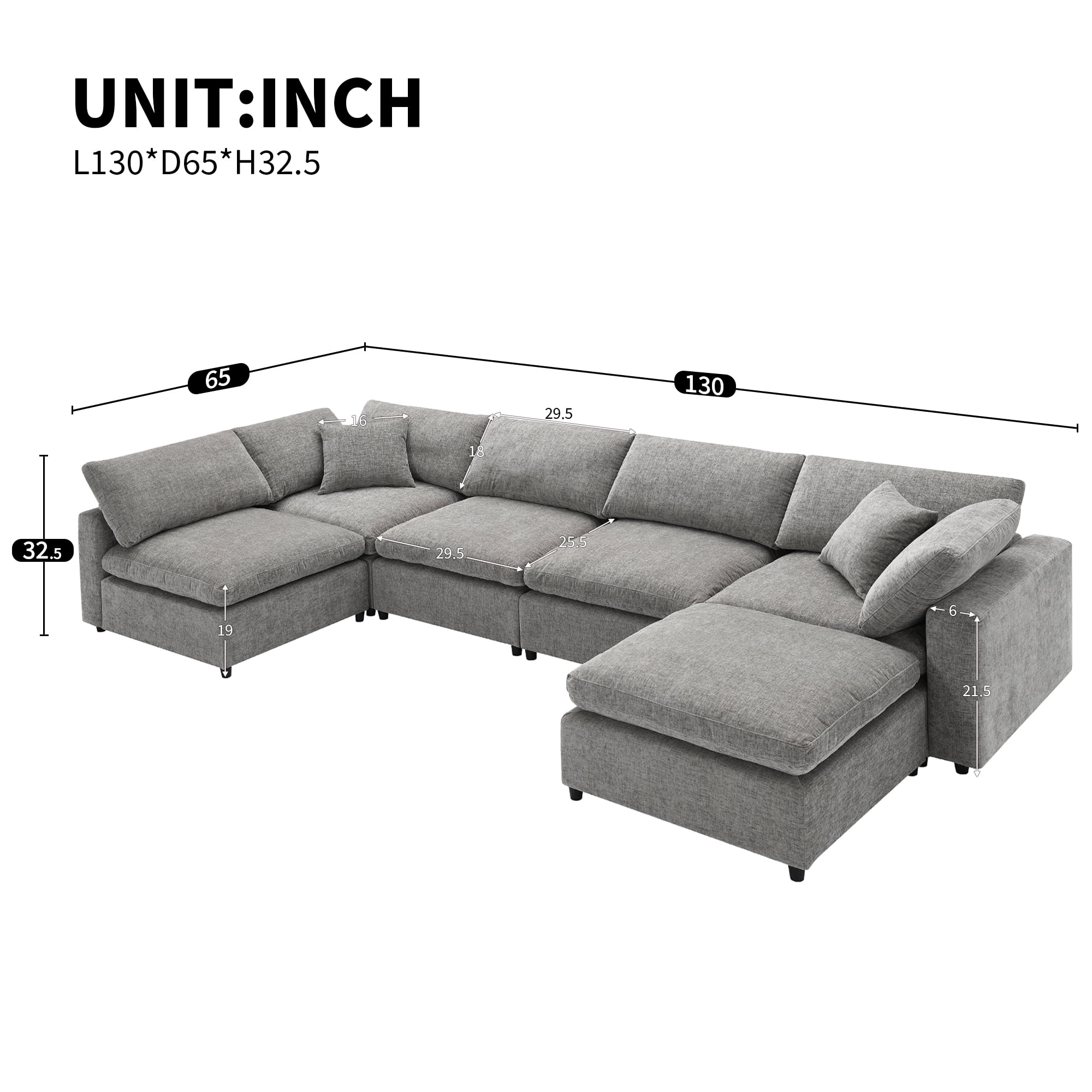MAYEERTY 130x65" Modern Modular Cloud Sofa Bed - 6-Seat Chenille U-Shaped Sleeper with Ottoman, Free Combination for Living Room/Apartment, 3 Colors