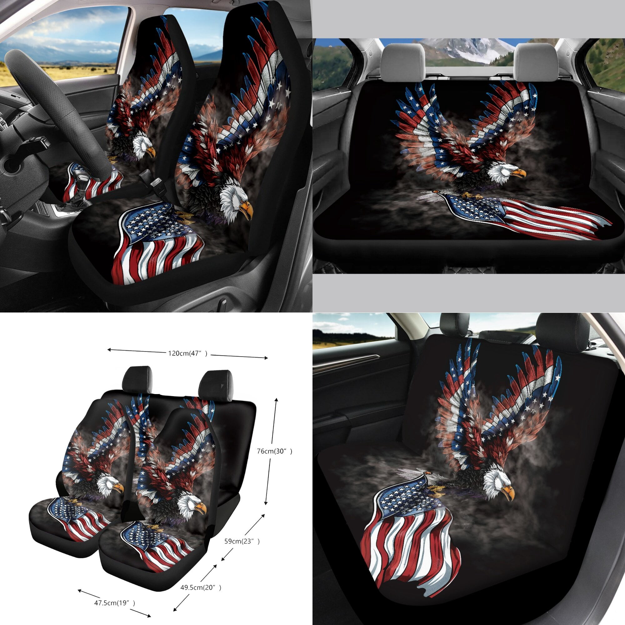 LedBack Eagle Print Car Seat Cover Set American Flag Print Steering Wheel Cover Safety Belt Pads Rear View Mirror Protector Car Air Vent Organizer Garbage Bag 4th of July Car Decor