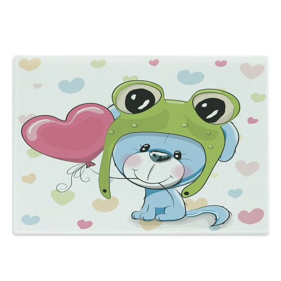 Cartoon Cutting Board, Cartoon Puppy in a Frog Hat with Balloon on Heart Background Love Animal Print, Decorative Tempered Glass Cutting and Serving Board, Large Size, Blue Pink Green, by Ambesonne