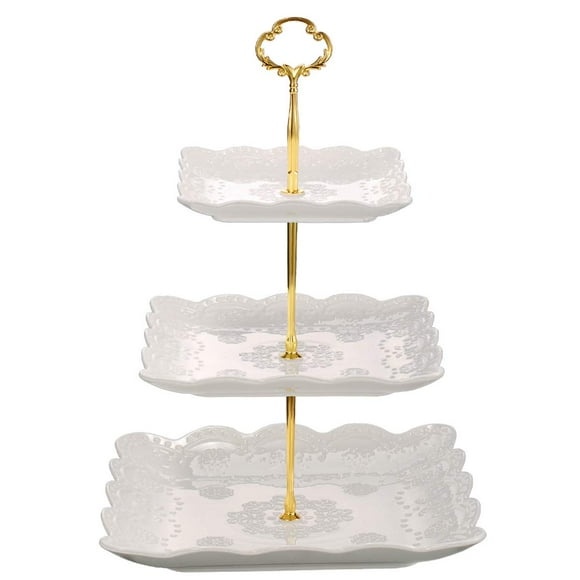Sumerflos 3 Tier Porcelain Cupcake Stand Tiered Serving Cake Stand Square White Embossed Dessert Stand Weddings Parties Pastry Serving Tray