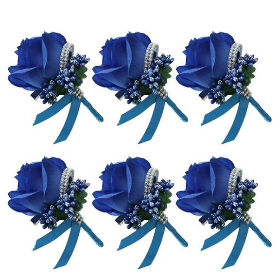 6-Pack Silk Rose Wedding Corsage with Rhinestones - Elegant Floral Brooch Pin & Clip for Bridesmaids, Bride, Groomsmen, Wedding Party Decor (Dark Blue)