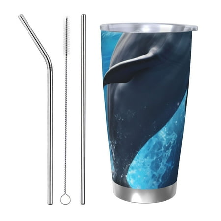 

Vsdgher Ice Blue Ocean Cute Dolphin 20 Oz Stainless Steel Vacuum Insulated Travel Mug Coffee Cup for Home Office Outdoor Works Great for Ice Drinks and Hot Beverage -Straw Three-piece Set