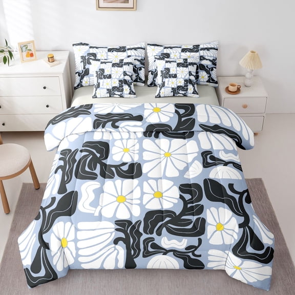 Homewish Vintage Daisy Floral 7-Piece Twin Bedding,Boho Geometric Art Bedding Comforter Set,White Blue,Light Gray Reversible