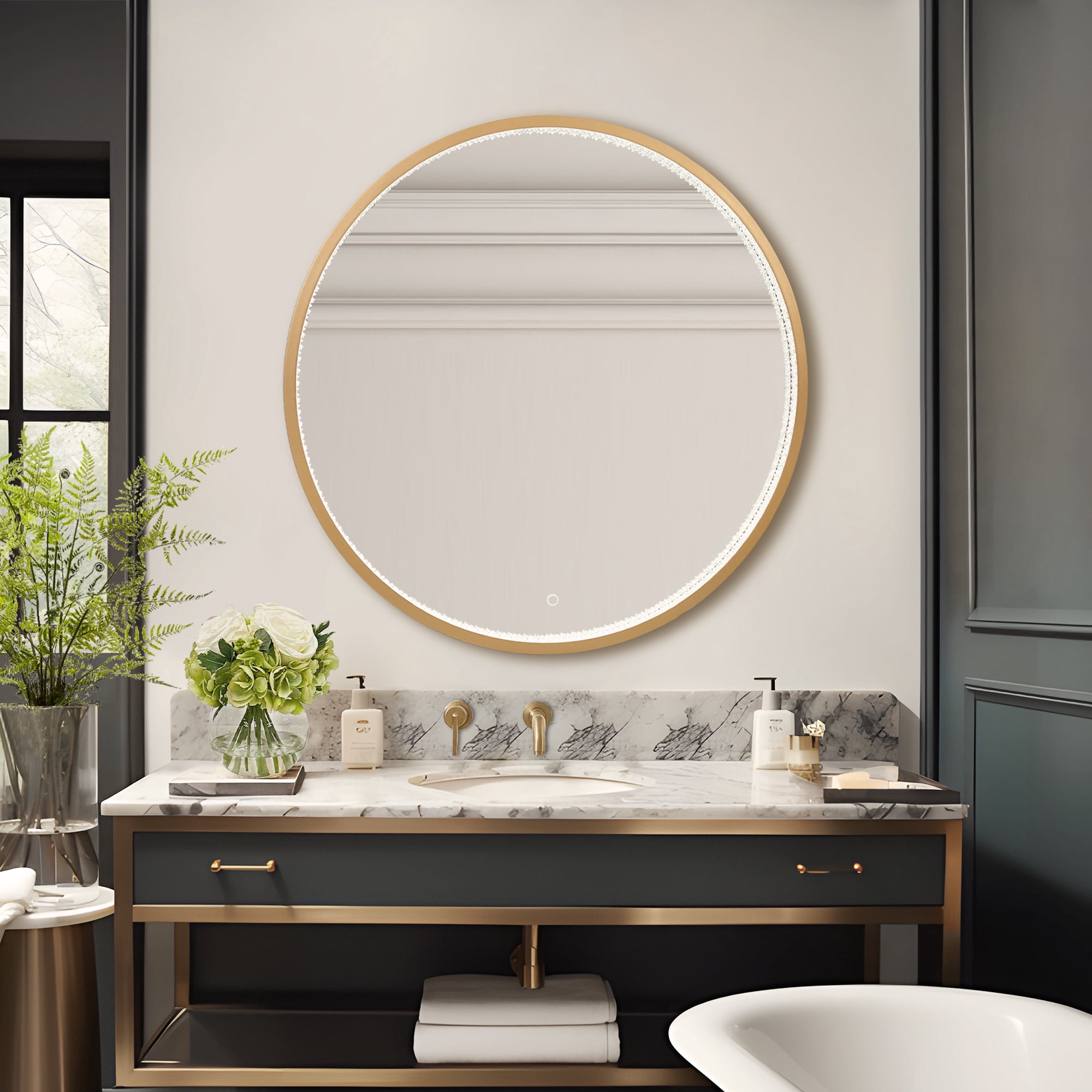 36-in W x 36-in H Round Dark Champagne Gold Framed Full Length Lighted Vanity Mirror