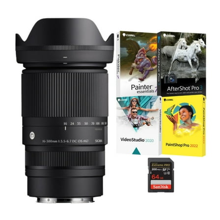 Sigma 16-300mm F3.5 - 6.7 DC OS Contemporary Lens (FUJIFILM X Mount) Bundle with 4 Softwares and 64GB Memory Card (3 items)