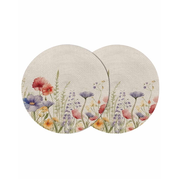 Spring Floral Round Placemats Set of 2, Braided Polypropylene Place Mats, Colorful Summer Botanical Flowers Vintage Washable Table Mats for Kitchen Dinner Holiday Wedding Party Coffee Table Decor 15"