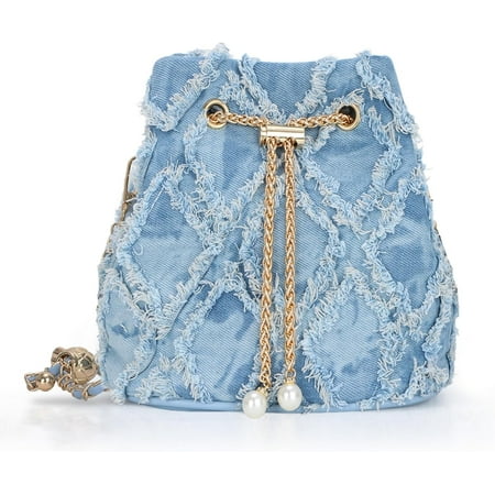 QIUYI Small Denim Bucket Bag for Women  Jean Purse Crossbody Bags Denim Tote Bag Drawstring Handbag