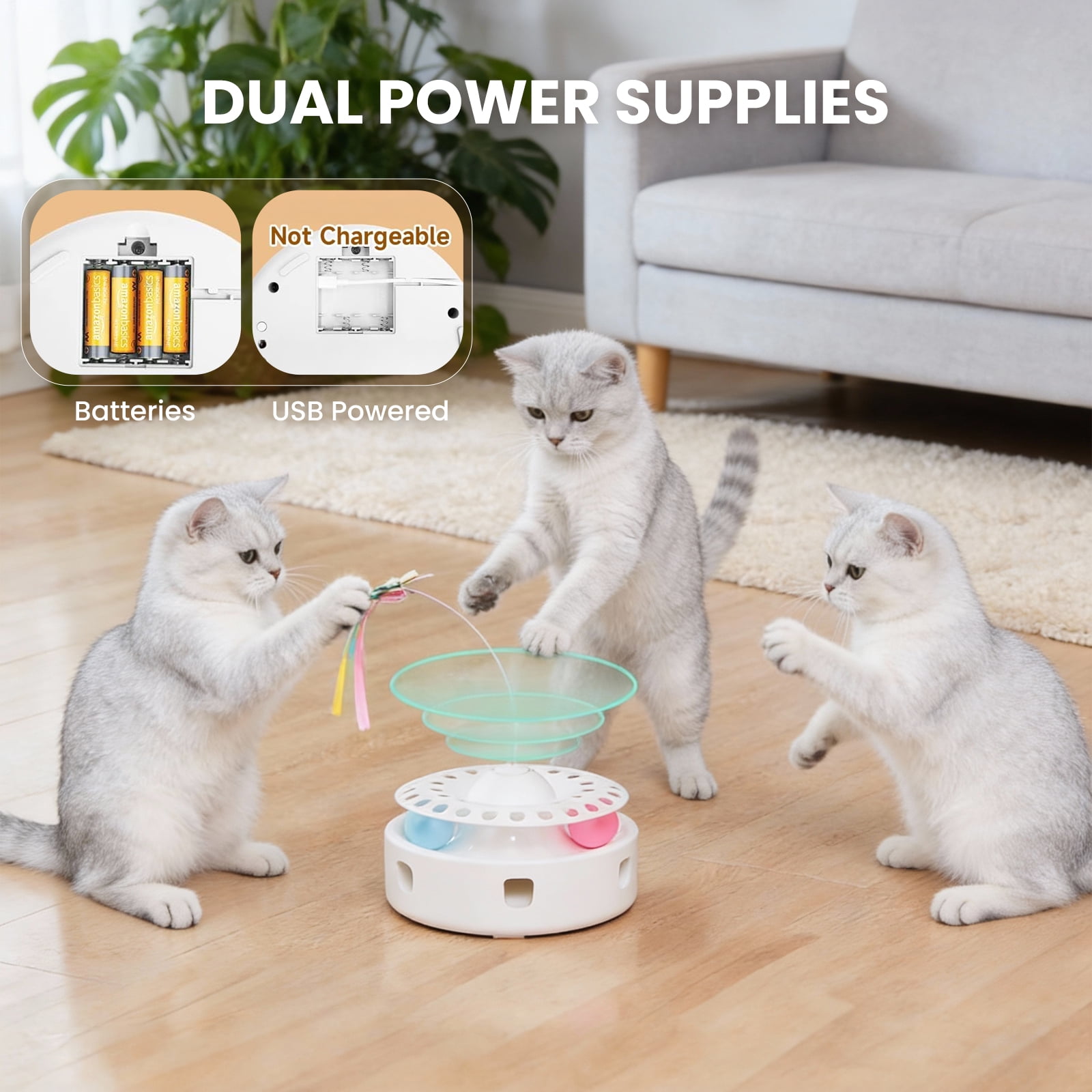 3 in 1 Automatic Interactive Cat Toys,Kitten Toy With Fluttering Butterfly, Moving Feather, Track Balls, Dual Power Supplies, USB Powered (White)