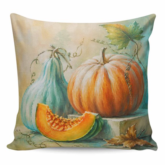 Orange Pumpkins Fall Throw Pillow 18x18 Inch, Oil Painting Thanksgiving Teal Ombre Waterproof Outdoor Pillow Covers with Insert, Decorative Pillowcase Cushion for Couch, Sofa, Bed, Patio, Garden