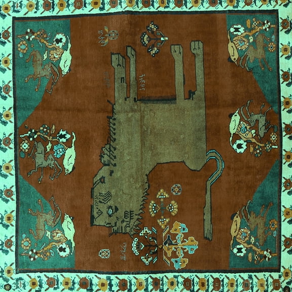 Ahgly Company Indoor Square Animal Turquoise Blue Traditional Area Rugs, 7' Square