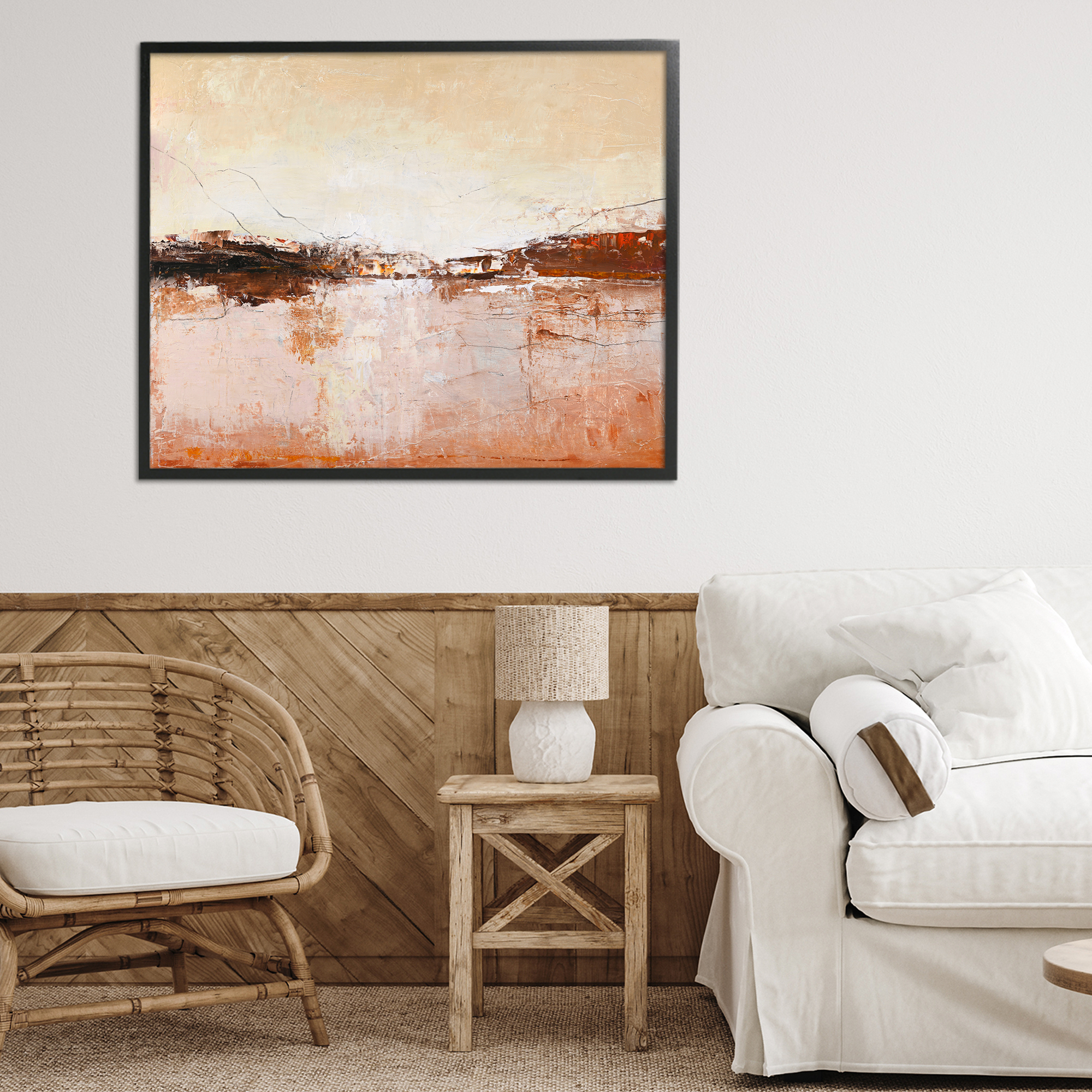 Warm Distressed Horizon Black Framed Giclee Art, design by Design Fabrikken