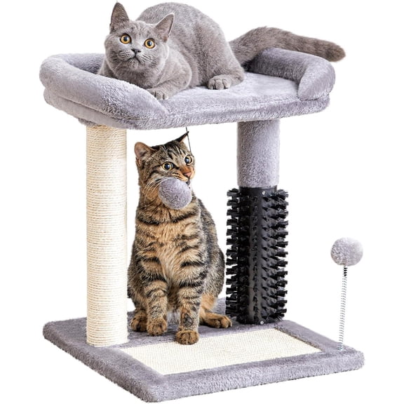 Small 4-in-1 Cat Tree Tower with Self-Grooming Brush & Sisal Scratching Post, Plush Cat Bed and Hanging Ball for Indoor Kittens, Cream Gray