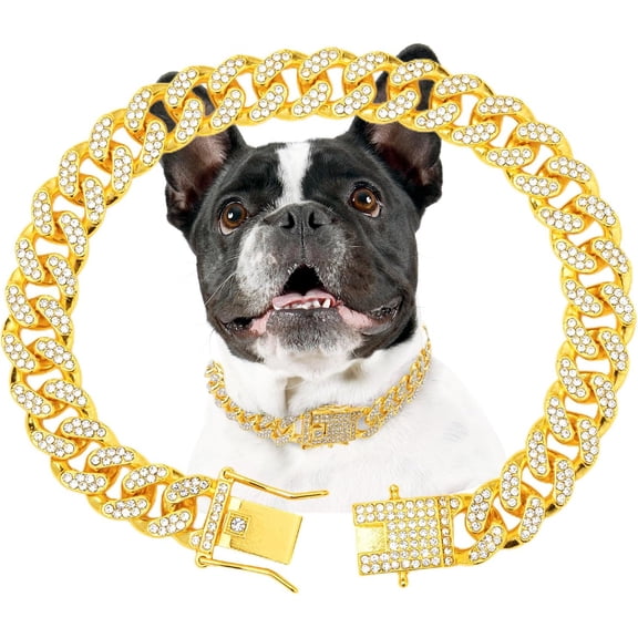 1Pack Dog Chain Collar Silver Dog Necklace Diamond Cuban Link Dog Collar 13mm Wide Metal Pet Cat Dog Chain Crystal Collar Jewelry Accessories for Large Medium Small Dogs Cats