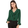 thumbnail image 1 of Blusa de gasa Allegra K con cuello En V volantes para mujer manga de pulsera Verde S, 1 of 6