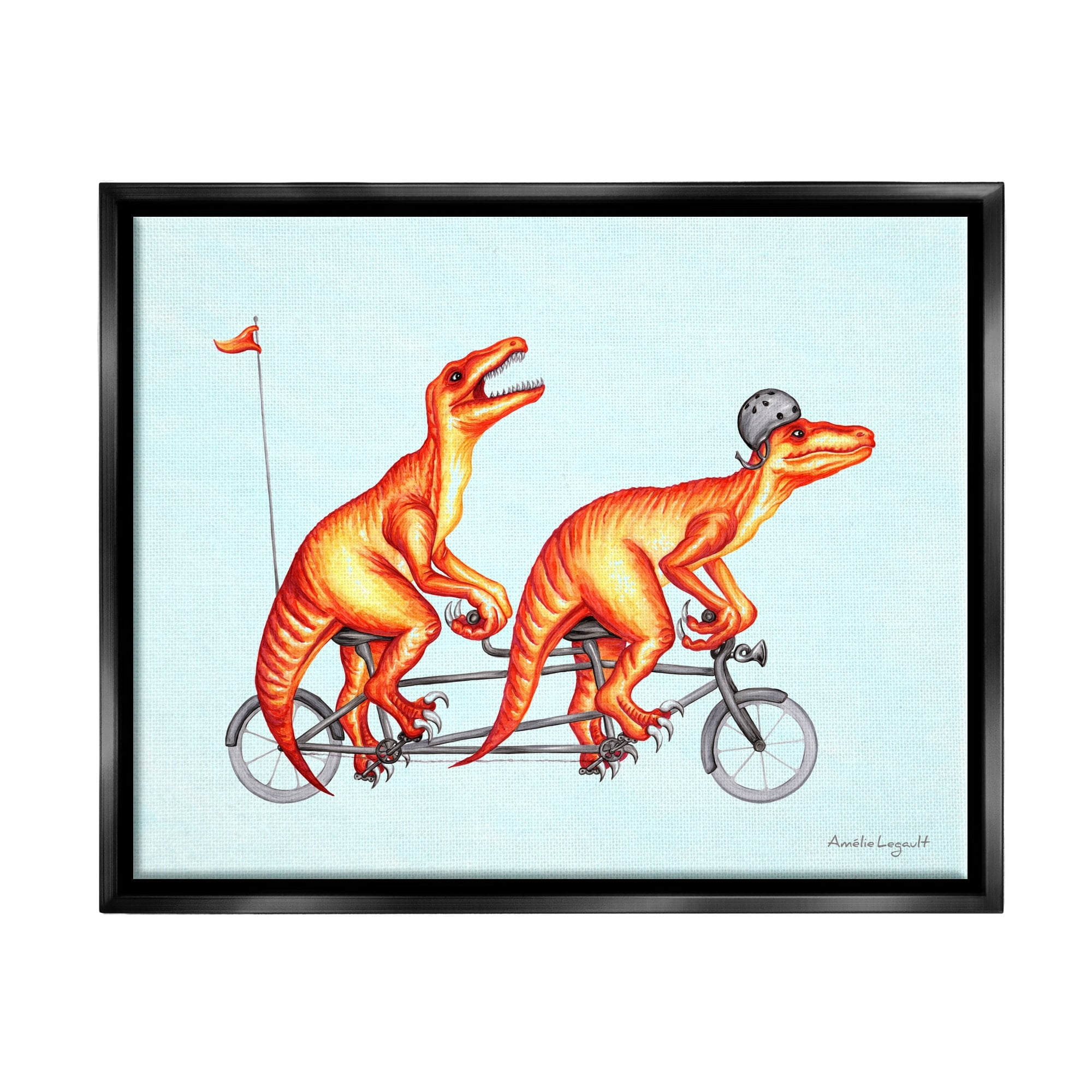 Stupell Industries Whimsical Red T-Rex Dinosaurs Riding Tandem Bicycle Graphic Art Metallic Gold Floating Framed Canvas Print Wall Art, Design by Amelie Legault