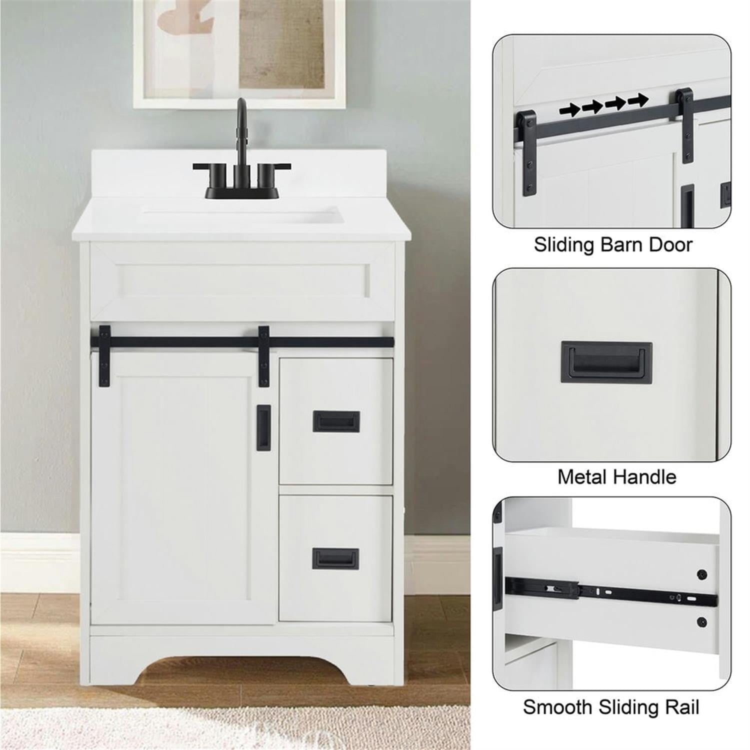 Demi Bonn 24" Freestanding Bathroom Vanity with Single Sink Combo, Farmhouse Undermount Bathroom Vanities Cabinet with Sliding Barn Doors and 2 Drawers, White