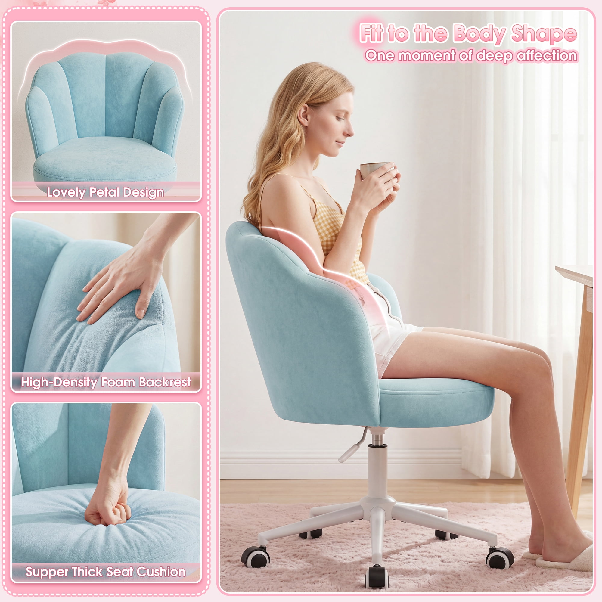 Romorgniz Velvet Vanity Chair with Petal Backrest Height Adjustable Desk Chair with Wheels Seashell Makeup Chair for Bedroom, Blue