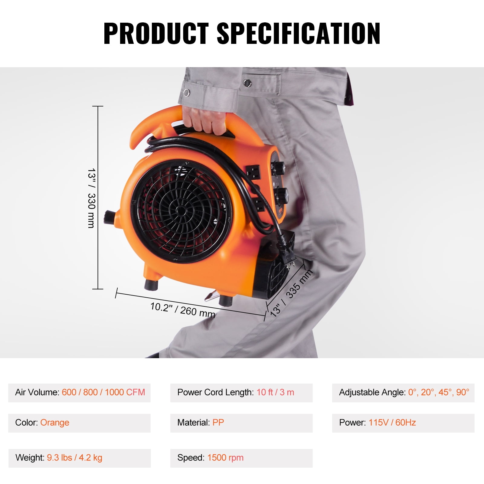 VEVOR 1000 CFM 3-Speed Floor Blower Fan, 1/4 HP Utility Fan, Portable Air Mover Floor Carpet Dryer w/ Timer and Power Cord