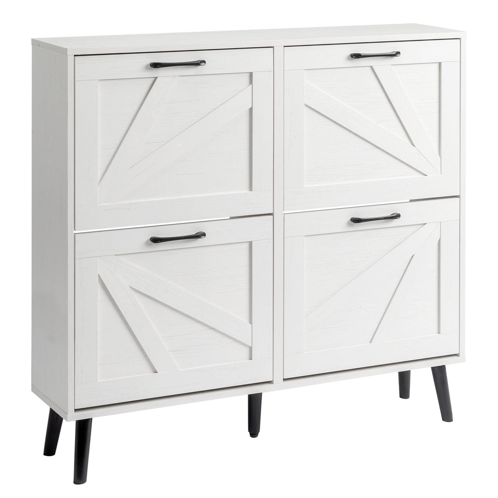 AsterOutdoor Barn Door Shoe Cabinet 4 Flip Top Compartments Triple Amine Laminated Particle Board Solid Wood Legs, Rustic White