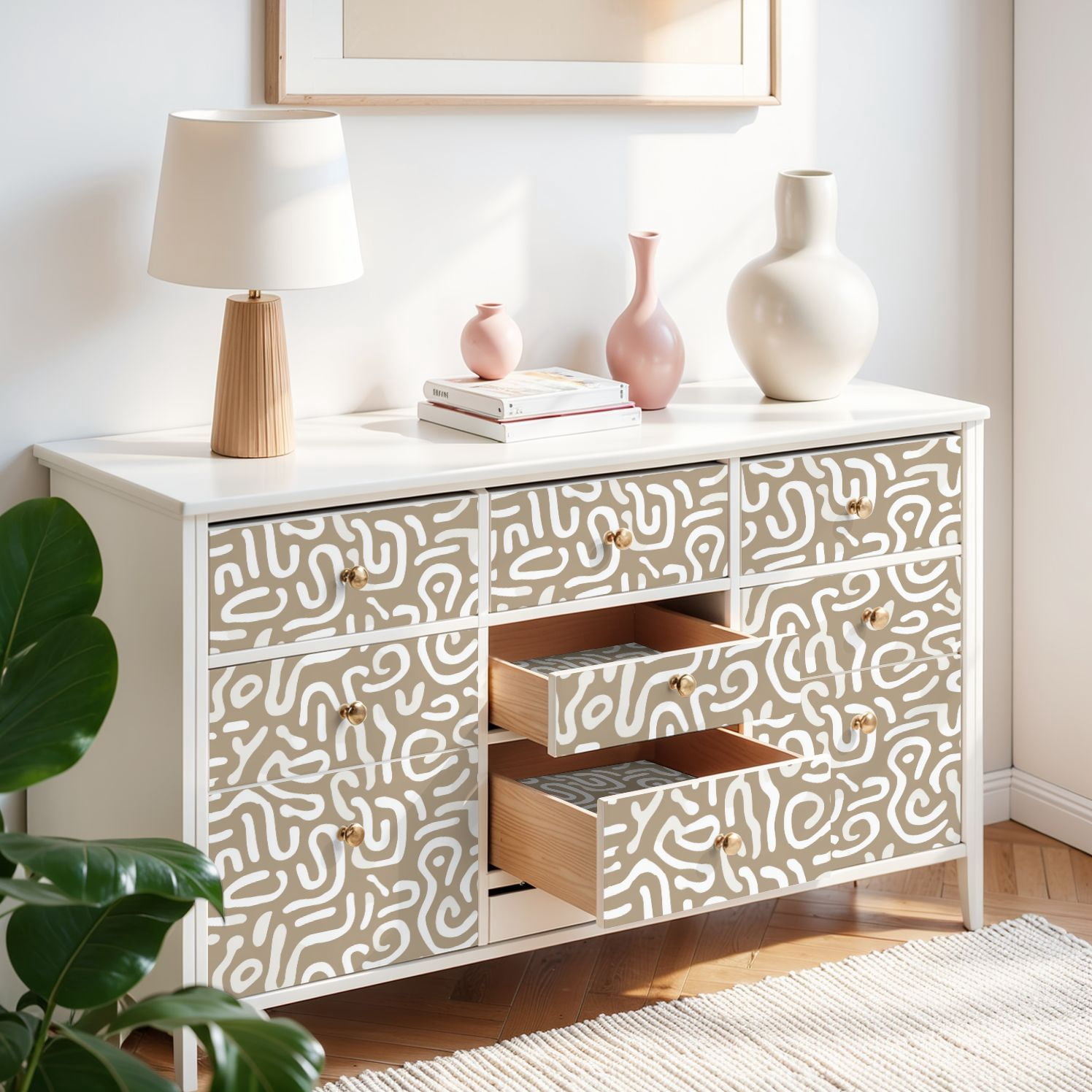 Peel and Stick Wallpaper Abstract Beige White Curvy Lines Design 24in x 118in Contact Paper Removable Self Adhesive Wall Mural Wall Decor for Bedroom Kitchen Cabinets