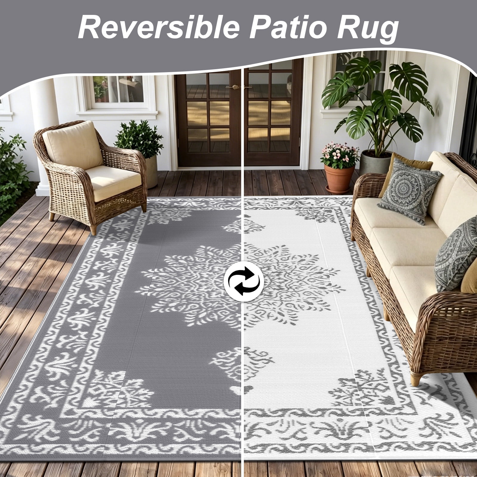 Yamaziot 8'x10' Outdoor Rugs Patio Rug Medallion Reversible RV Mats, Waterproof Camping Plastic Straw Outdoor Rug for Patio, Porch, Balcony, Beach, Deck, Backyard, Garden, Gray