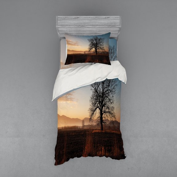 Ambesonne Tree Bedding Set 3 Pcs, Countryside Autumn Dusk, Twin, Brown Blue