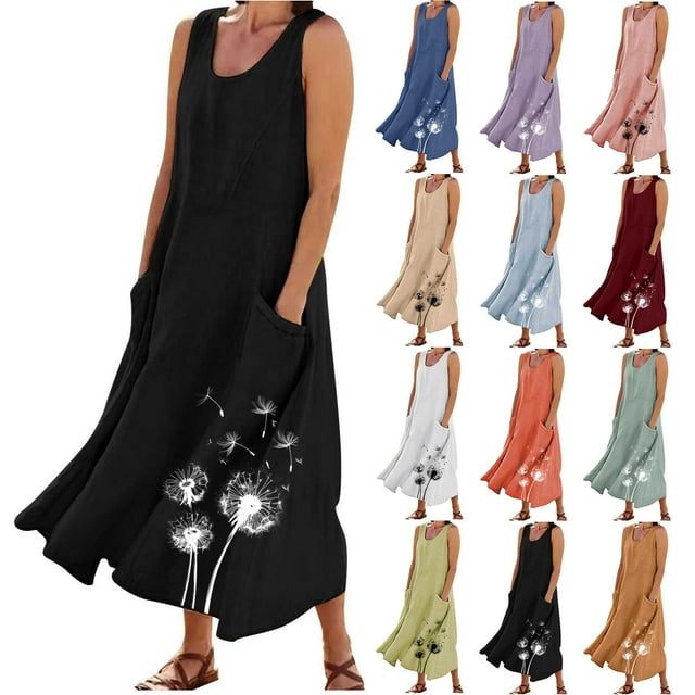 Robes Grande Taille pour Femmes Col Ras du Cou Sans Manches Robe Fluide Été Décontractée Légère Plage Robes Midi Tendance Robe en Lin Imprimée avec Poches Robe Rouge, Taille P-5TG