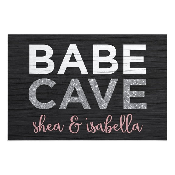 Personalized Planet 27x18 Babe Cave Doormat with Custom Personalization Printed on Black Rectangular 1/8” Thick Non Slip Mat for Kitchen Hallway Deck or Porch