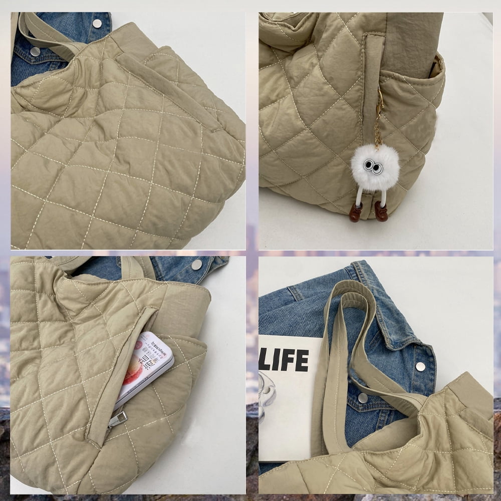 Travel Totes，Puffer Work Tote Bag for Women, Quilted Puffy Bag with compartments (Beige)