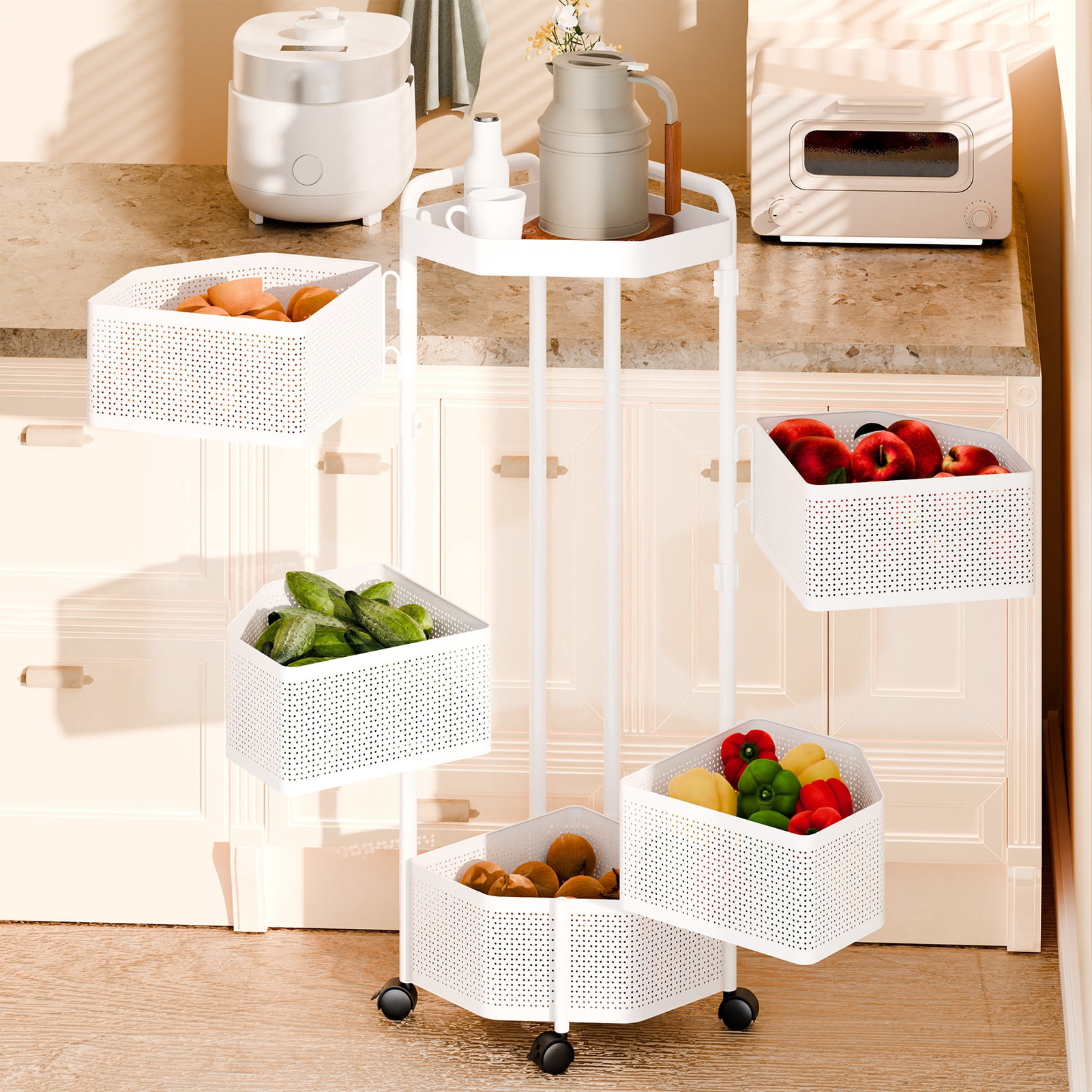 Andvari Rotating 5-Tier Kitchen Storage Rack, Irregular Fruit Basket Floor Stand Organizer