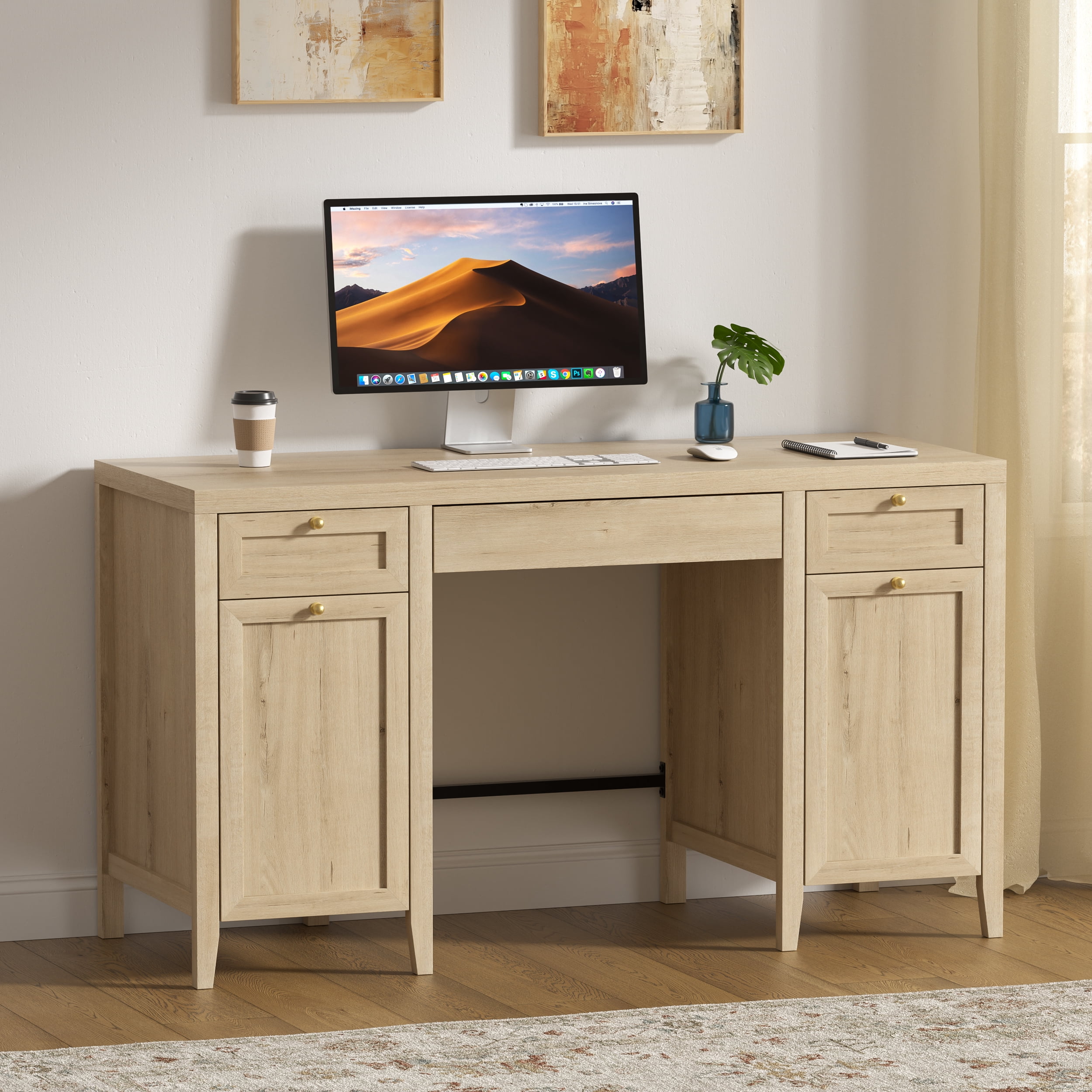 Joyyskill 52" Executive Desk with Storage Drawer, Farmhouse Home Office Desk with Storage Cabinet Wood Computer Writing Desk, Light Oak
