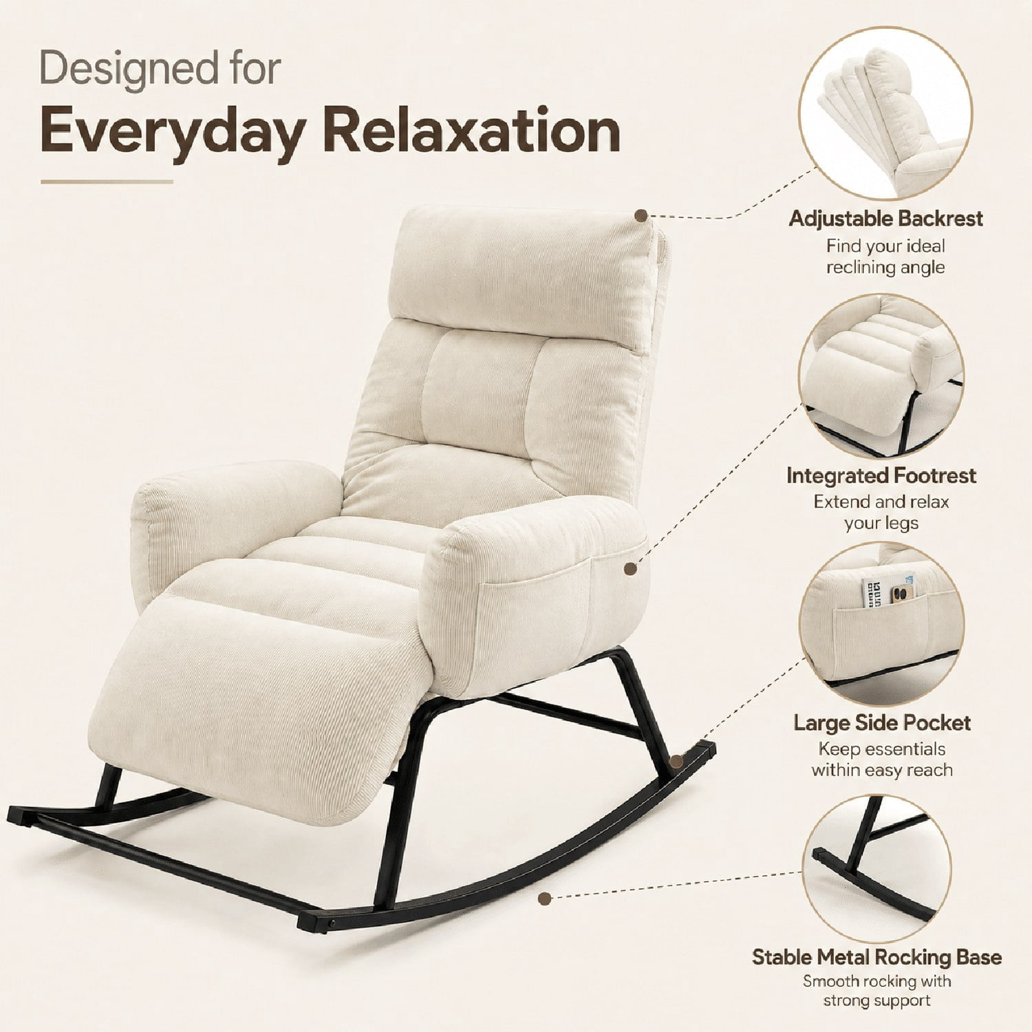 Upholstered Rocking Chair with Retractable Footrest, Plush Lounge Chair with Side Pocket, Tufted Cushion Seat for Living Room, Bedroom, Study and Patio