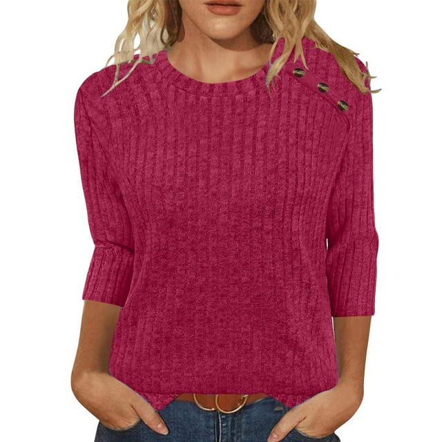 Pincandy Chandails pour Femmes Mode d'Automne Hauts à Manches 3/4 Col Ras du Cou Chemises à Boutons Chandail Décontracté Mignon Vêtements d'Hiver
